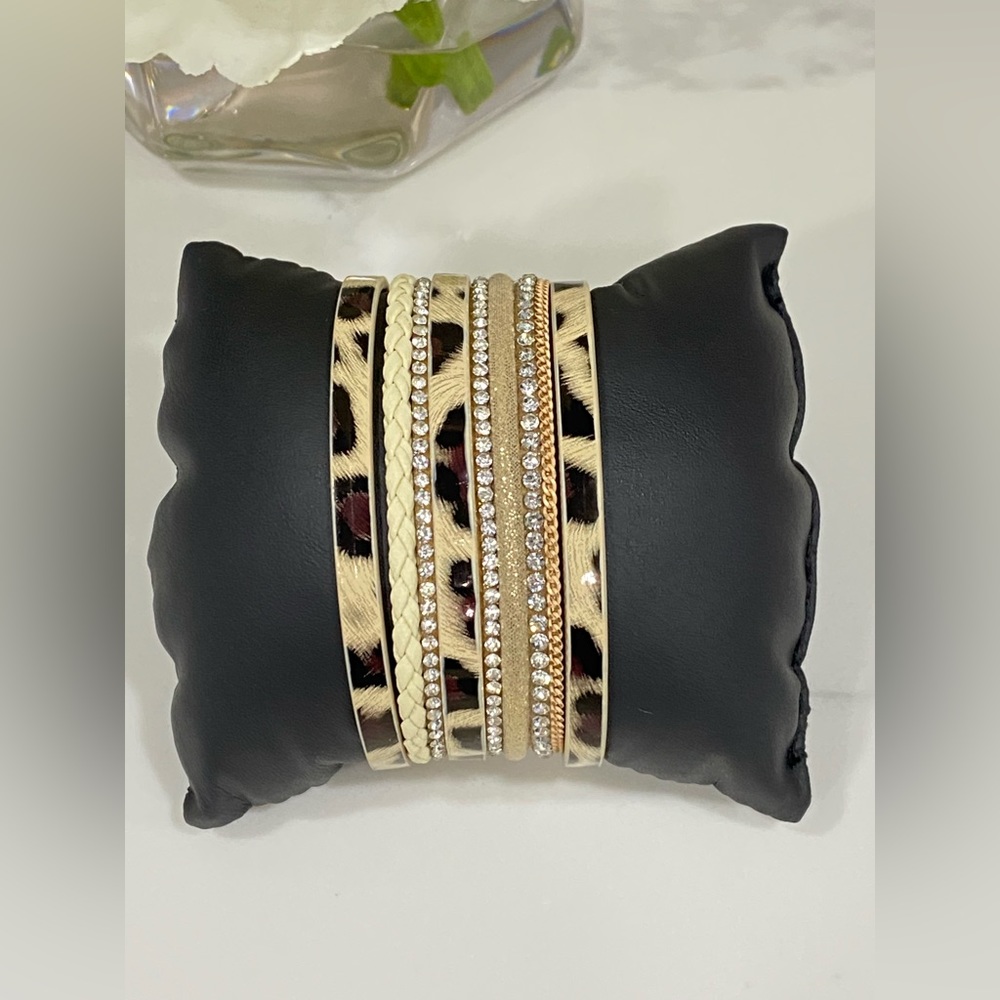 2/$25 NEW Brown black breed rhinestone leopard chain layered leather bracelet